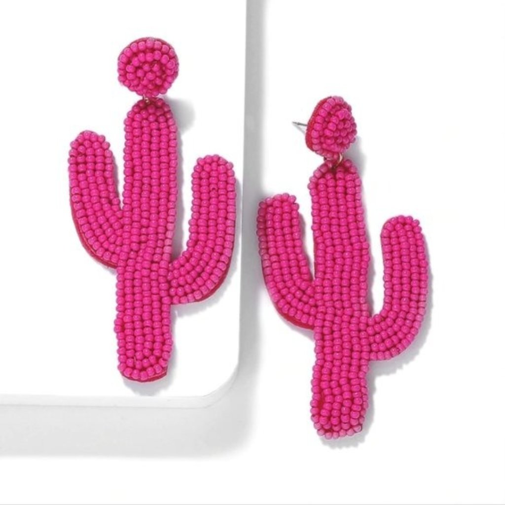 Hot Pink Beaded Cactus Long Dangle Earrings 26$